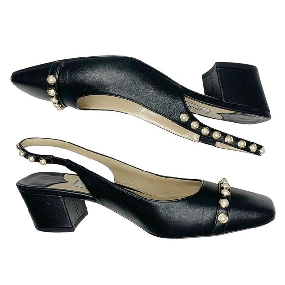 Jimmy Choo Hya 45 Pearl Stud Slingback Pump Black Leather Block Heel Size 37 - Picture 5 of 11